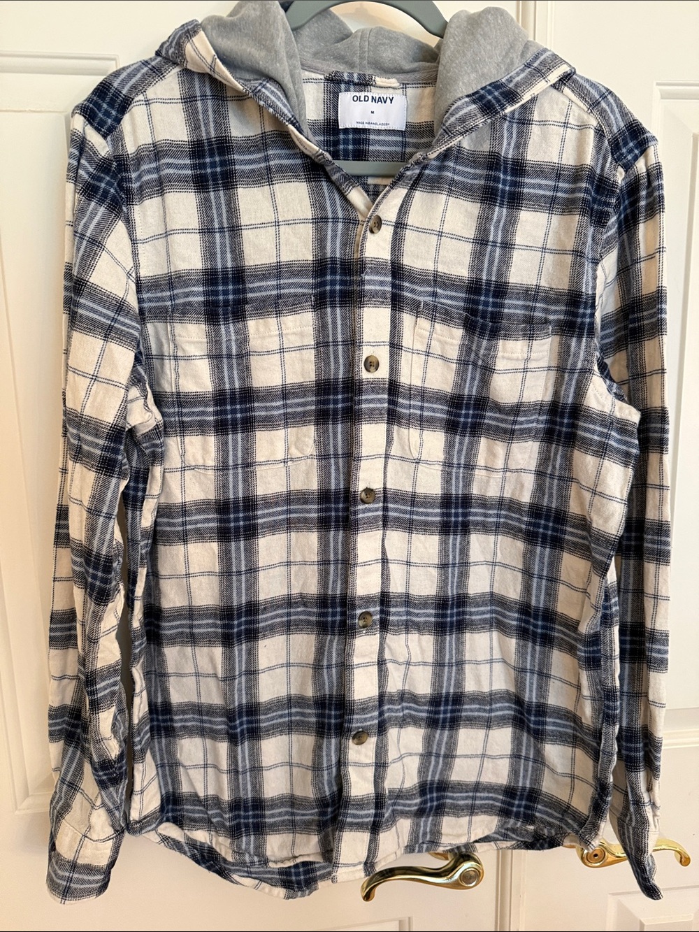 Old Navy Men's Navy and Cream Plaid Hooded Button-Down Shirt